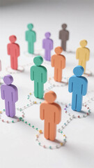 Colorful Human Figures Connected by Dotted Lines on White Background Representing Social Networking, Teamwork, Leadership, and Community Structure