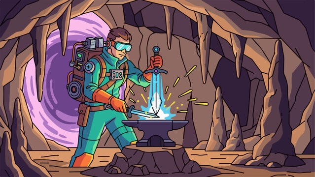 Adventurer forging a glowing sword on an anvil in a cave.