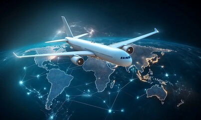 Obraz premium Airplane on world map background representing global air transportation
