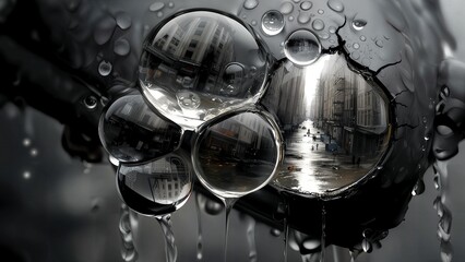 A macro photograph of large water spheres reflecting a distorted, inverted image of a flooded city and tall buildings or landscape.