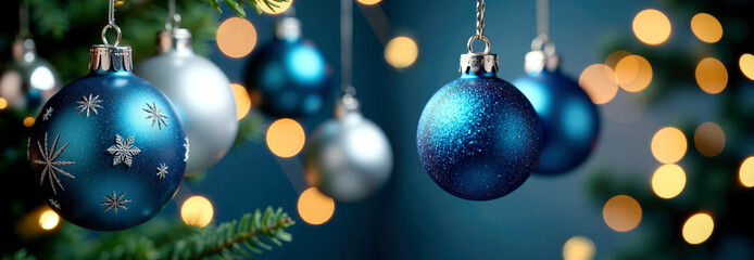 New Year's background: hanging Christmas tree balls blue and light blue. Holiday atmosphere and soft bokeh.Template for Design