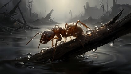 A close-up of a red ant walking on a wet wooden branch covered in large, clear water droplets with forest destruction in the background.