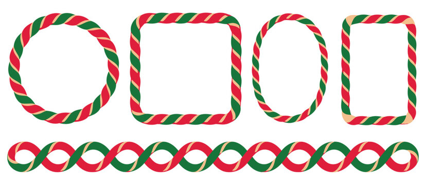 candy cane border set with square, circle, and oval  frames, red and white striped lollipop pattern brush style, ideal for festive holiday cards, invitations, banners, and vector design 