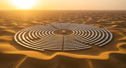 Golden desert solar farm Massive circular photovoltaic array capturing clean, renewable energy at sunrise, symbolizing sustainable technology and environmental innovation