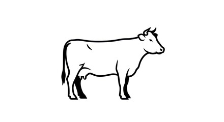 Simple Black and White Line Art Illustration of a Cow Standing Sideways on a White Background.