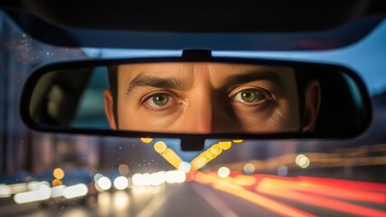 Focused driver eyes reflect in rearview mirror, showcasing concentration during night drive. Intense driver eyes convey determination, with blurred city lights creating dynamic road movement.