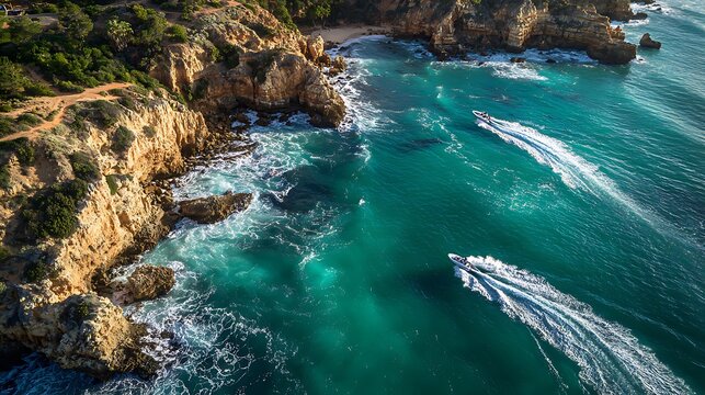 Two Speedboats Cruising Near Rocky Cliffs on Turquoise Waters, Aerial View
