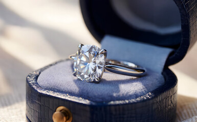 Hyper realistic diamond engagement ring in blue velvet box, sparkling luxury gemstone jewelry, wedding proposal concept, romantic gift, white gold band, for love, marriage, valentine.