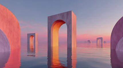 3d render, abstract panoramic background, northern futuristic landscape, fantastic scenery with calm water, simple geometric mirror arches and pastel blue gradient sky. Minimal zen aesthetic wallpaper