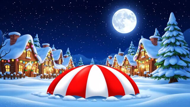 snowy village illuminated with holiday cheer, santa parachutes through moonlit sky over cheerful winter homes, jolly santa in parachute overlooks twinkling rooftops beneath luminous moonlit night.