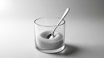 Low clear glass cup filled with white sugar and a metal spoon resting inside, minimalist modern container perfect for coffee and tea stations, breakfast tables, cafes and food photography

