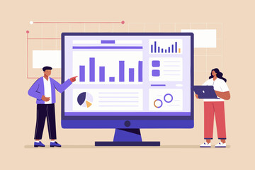 Business data analysis presentation with computer monitor and two people