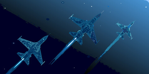 Obraz premium Three fighter jets flying in formation through a starry night sky