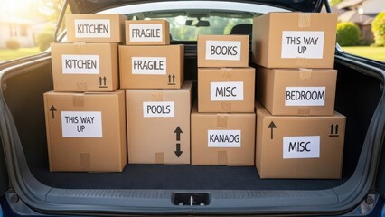 Moving boxes fill car trunk, ready for relocation. Cardboard moving boxes labeled 'KITCHEN', 'FRAGILE', 'BOOKS' packed securely for transport.