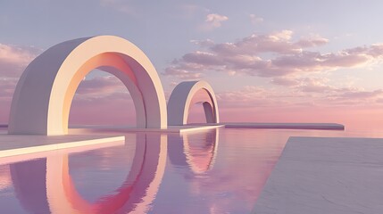 3d render, abstract panoramic background, northern futuristic landscape, fantastic scenery with calm water, simple geometric mirror arches and pastel blue gradient sky. Minimal zen aesthetic wallpaper