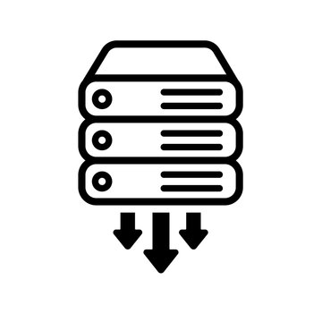 A thin-styled server stack with three downward arrows symbolizing structured multi-source downloading, organized retrieval flow, and coordinated extraction across data systems.