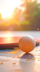 Close-up shot of ping pong ball resting on a table with a paddle in the background, backlit by the sun
