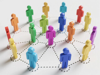 Colorful Human Figures Connected by Dotted Lines on White Background Representing Social Networking, Teamwork, Leadership, and Community Structure