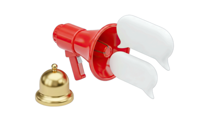 Red Megaphone with Speech Bubbles and Golden Bell on White