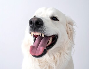 Close-up studio shot of a white canine with an open mouth, revealing teeth and a lolling pink tongue, on a plain background