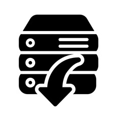A server stack with a downward arrow representing data retrieval, downloading, system restoration, or acquiring files from a central server or cloud-based infrastructure. © Marcelino