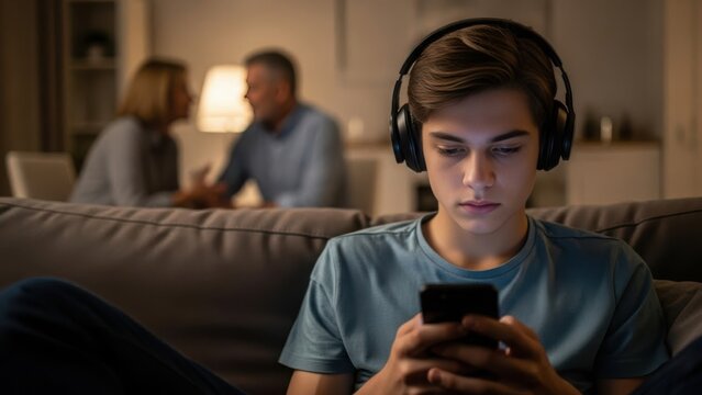 Young man engrossed in screen time, wearing headphones, using smartphone on couch at home. Blurred parents in background illustrate impact of digital focus on family interaction. - Powered by Adobe
