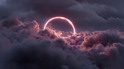 3d render, abstract cloud illuminated with neon light ring on dark night sky. Glowing geometric shape, round frame