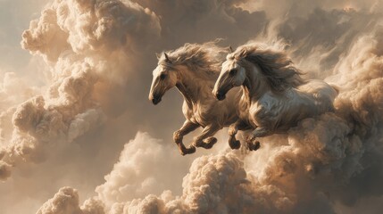 Celestial Equines: Two magnificent white horses gallop gracefully through a sea of ethereal clouds, evoking a sense of freedom, power, and the magic of the heavens.