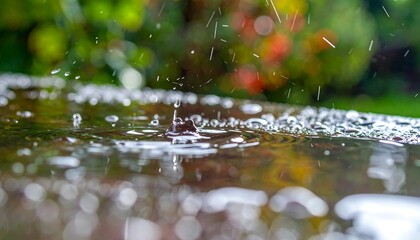 Close-up shot of rain falling on a surface of water, creating ripples and drops. The background features blurred greenery with a touch of red