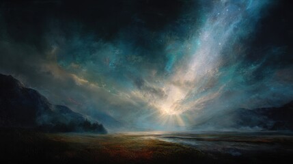 Celestial Radiance over Wilderness: An ethereal landscape is painted with strokes of light as a vibrant light streaks across the clouded sky.