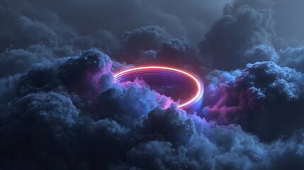 3d render, abstract cloud illuminated with neon light ring on dark night sky. Glowing geometric shape, round frame