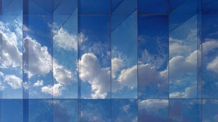 Skyscape Reflections: A breathtaking panorama unfolds as the sky and cloud are reflected in a modern glass structure, creating an abstract and intriguing visual experience. 