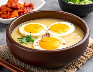 Close-up shot of ramen with three halved eggs, green onions, and red pepper flakes. Served with kimchi and scallions