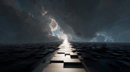 Path to Enlightenment: A surreal landscape unfolds, featuring a luminous path that leads towards a gateway in the stormy sky, representing a journey of hope and discovery.