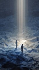 Witnessing a Beacon: Two figures stand in a surreal landscape, gazing towards a radiant light beam descending from the heavens, igniting curiosity and wonder.