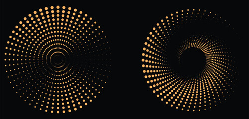 Concentric circles and radial dot halftone patterns set. Abstract swirl halftone background design. Motion, depth, and optical illusion. modern branding, posters, techno music and design assets.