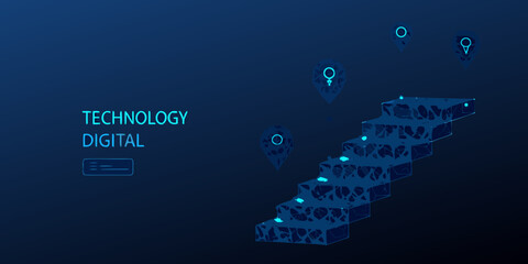 Digital technology concept with stairs and location pins on a dark blue background