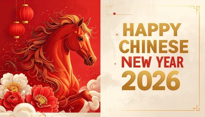 Happy Chinese New Year 2026, Year of the Horse with Festive Lanterns and Flowers