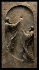 Artistic Depiction: A solemn bronze sculpture showcases a detailed representation of two figures engaged in a sacred interaction. Carved with intricate detail, this artwork conveys deep emotion.