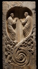 Ancient Stone Carving: A weathered stone carving depicts two figures engaged in a scene of historical significance, showcasing intricate details and textures.