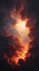 Celestial Inferno: An awe-inspiring image captures a fiery, heavenly inferno. Fiery clouds and blazing lights reveal a dynamic display of natural spectacle. 