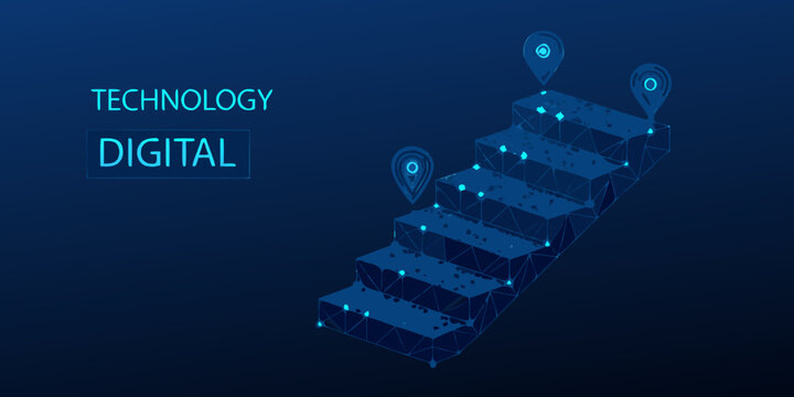 Digital technology steps with location pins on dark blue background