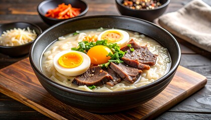 Close-up shot of ramen with toppings in a black bowl. Various side dishes and a wooden surface provide context