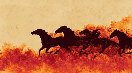 Fiery Gallop: A captivating silhouette of wild horses thundering through a blaze of fiery, evoking a sense of raw power and untamed freedom.