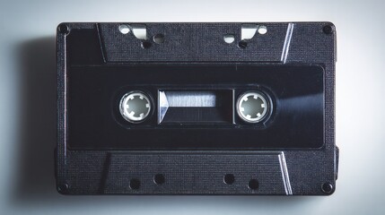 Obraz premium Vintage cassette tape in macro close-up, highlighting intricate details on a neutral background. product launch decks, UI/UX mockups, designed for product launches and innovation pitches.