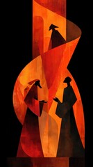 Three Figures in Symbolic Flame: An abstract artwork presents three solemn figures enveloped in vibrant flames, the piece hints at profound spiritual narratives. A fusion of form and emotion.