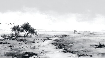Solitary Journey: A monochrome depiction of a desolate landscape, where a lone tree stands resilient, guiding the eye towards an endless horizon, evocative of solitude and resilience.