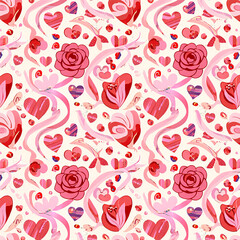 Seamless Valentine's Day pattern with romantic hearts, roses, ribbons, and elegant decorative details in soft pink and red tones.
