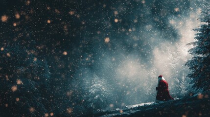 Fototapeta premium Enchanting Christmas Scene: A solitary figure, clad in traditional attire, navigates a serene, snow-covered landscape at dusk, with gentle snowfall adding a touch of magic.