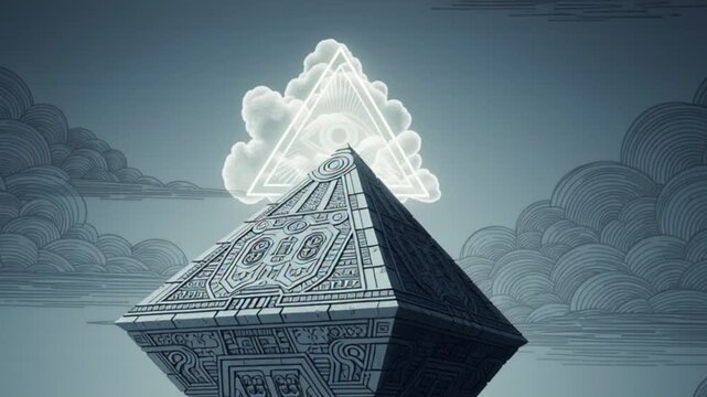 Ethereal pyramid structure ascends towards a celestial realm, crowned by an enigmatic glowing triangular cloud symbol, evoking ancient wisdom and spiritual enlightenment in a mystical sky